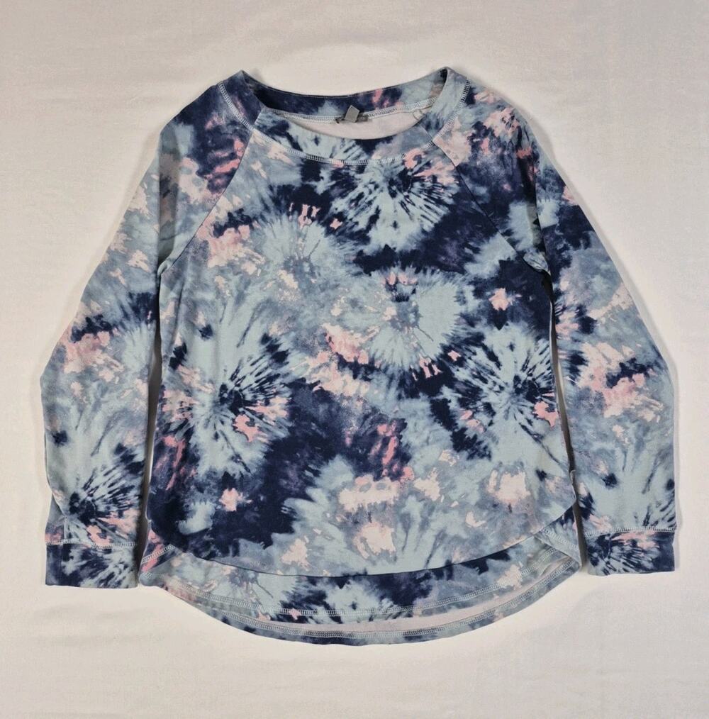 T by Talbots Womens S Tie Dye Top Long Sleeve Blue Pink Curved Hem Crewneck